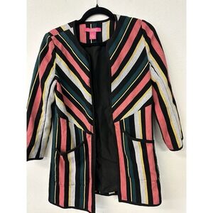 Catherine Malandrino Open Front Long Blazer Coat Cotton Colorful Stripes Size 2